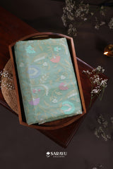 Pastel Sage Green Kora Banarasi Saree Paisley Floral Jaal Zari Border