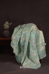 Pastel Sage Green Kora Banarasi Saree Paisley Floral Jaal Zari Border