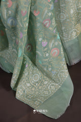 Pastel Sage Green Kora Banarasi Saree Paisley Floral Jaal Zari Border