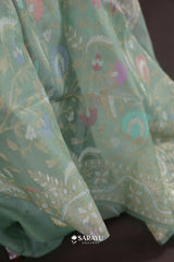 Pastel Sage Green Kora Banarasi Saree Paisley Floral Jaal Zari Border