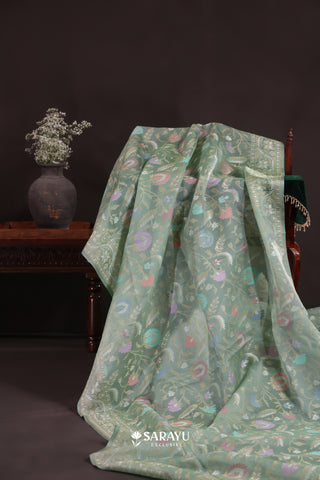 Pastel Sage Green Kora Banarasi Saree Paisley Floral Jaal Zari Border