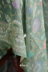 Pastel Sage Green Kora Banarasi Saree Paisley Floral Jaal Zari Border