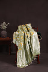 Pastel Green Banarasi Tissue Saree Floral Buttas Zari Weave Rich Pallu