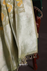 Pastel Green Banarasi Tissue Saree Floral Buttas Zari Weave Rich Pallu