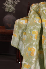 Pastel Green Banarasi Tissue Saree Floral Buttas Zari Weave Rich Pallu