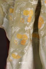 Pastel Green Banarasi Tissue Saree Floral Buttas Zari Weave Rich Pallu