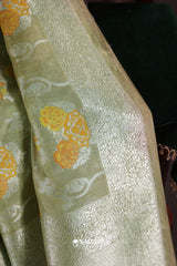 Pastel Green Banarasi Tissue Saree Floral Buttas Zari Weave Rich Pallu