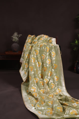 Pastel Green Banarasi Tissue Saree Floral Buttas Zari Weave Rich Pallu