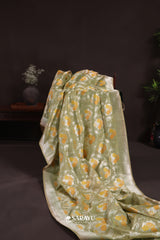 Pastel Green Banarasi Tissue Saree Floral Buttas Zari Weave Rich Pallu