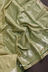 Pastel Green Banarasi Tissue Saree Floral Buttas Zari Weave Rich Pallu
