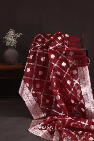 Red Handwoven Banarasi Organza Saree with Silver Zari Floral Weaving