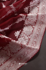 Red Handwoven Banarasi Organza Saree with Silver Zari Floral Weaving