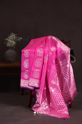 Hot Pink Banarasi Organza Saree with Zari Butta