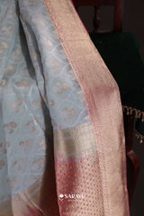 Powder Blue Ivory Banarasi Organza Saree Meenakari Border
