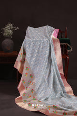 Powder Blue Ivory Banarasi Organza Saree Meenakari Border