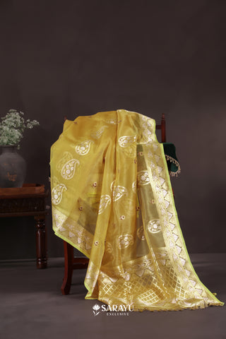 Mustard Banarasi Organza Saree Zari Buttas Pallu