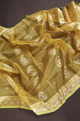 Mustard Banarasi Organza Saree Zari Buttas Pallu