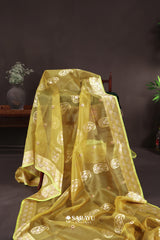 Mustard Banarasi Organza Saree Zari Buttas Pallu
