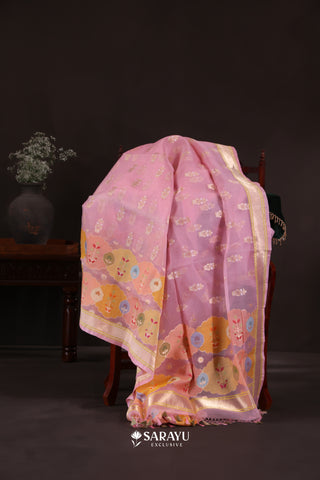 Blush Pink Banarasi Organza Saree Meenakari Floral Border