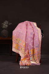 Blush Pink Banarasi Organza Saree Meenakari Floral Border