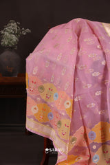 Blush Pink Banarasi Organza Saree Meenakari Floral Border