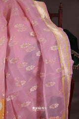 Blush Pink Banarasi Organza Saree Meenakari Floral Border