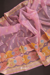 Blush Pink Banarasi Organza Saree Meenakari Floral Border