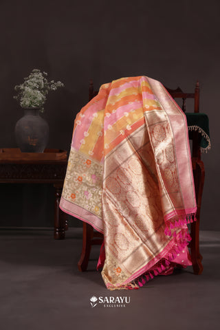 Rainbow Stripe Banarasi Organza Saree Meenakari Jaal Pallu