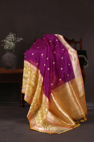 Deep Purple Gold Banarasi Organza Saree Meenakari Buti