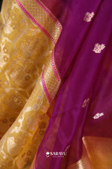 Deep Purple Gold Banarasi Organza Saree Meenakari Buti