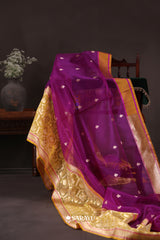 Deep Purple Gold Banarasi Organza Saree Meenakari Buti