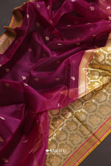 Deep Purple Gold Banarasi Organza Saree Meenakari Buti