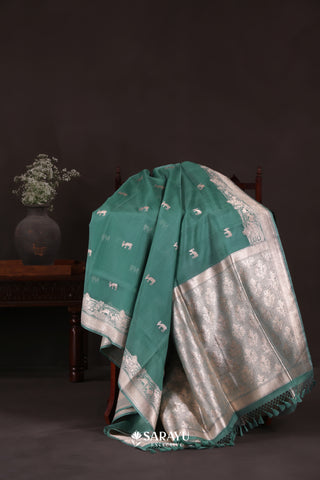 Emerald Green Banarasi Organza Saree Meenakari Border