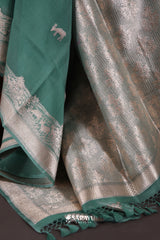 Emerald Green Banarasi Organza Saree Meenakari Border