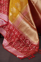 Mustard Yellow Banarasi Organza Saree Meenakari Border Zari Floral Buttas