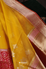 Mustard Yellow Banarasi Organza Saree Meenakari Border Zari Floral Buttas