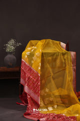 Mustard Yellow Banarasi Organza Saree Meenakari Border Zari Floral Buttas