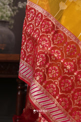 Mustard Yellow Banarasi Organza Saree Meenakari Border Zari Floral Buttas