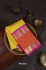 Lime Yellow Orange Kora Kanjivaram Silk Saree Silver Zari