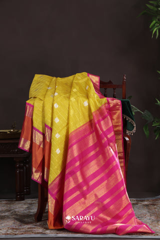 Lime Yellow Orange Kora Kanjivaram Silk Saree Silver Zari