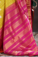 Lime Yellow Orange Kora Kanjivaram Silk Saree Silver Zari