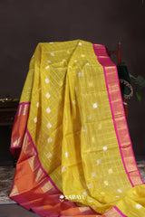 Lime Yellow Orange Kora Kanjivaram Silk Saree Silver Zari