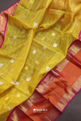 Lime Yellow Orange Kora Kanjivaram Silk Saree Silver Zari