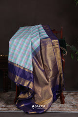Pastel Check Navy Kanchivaram Silk Saree Gold Zari