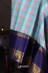 Pastel Check Navy Kanchivaram Silk Saree Gold Zari