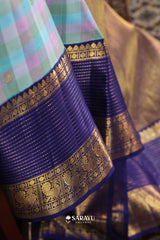 Pastel Check Navy Kanchivaram Silk Saree Gold Zari