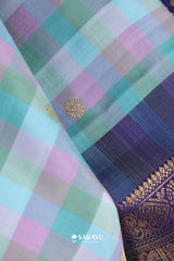Pastel Check Navy Kanchivaram Silk Saree Gold Zari