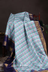 Pastel Check Navy Kanchivaram Silk Saree Gold Zari