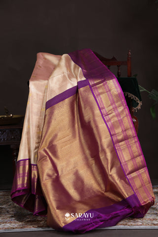 Rose Gold Purple Kora Kanjivaram Silk Saree Zari