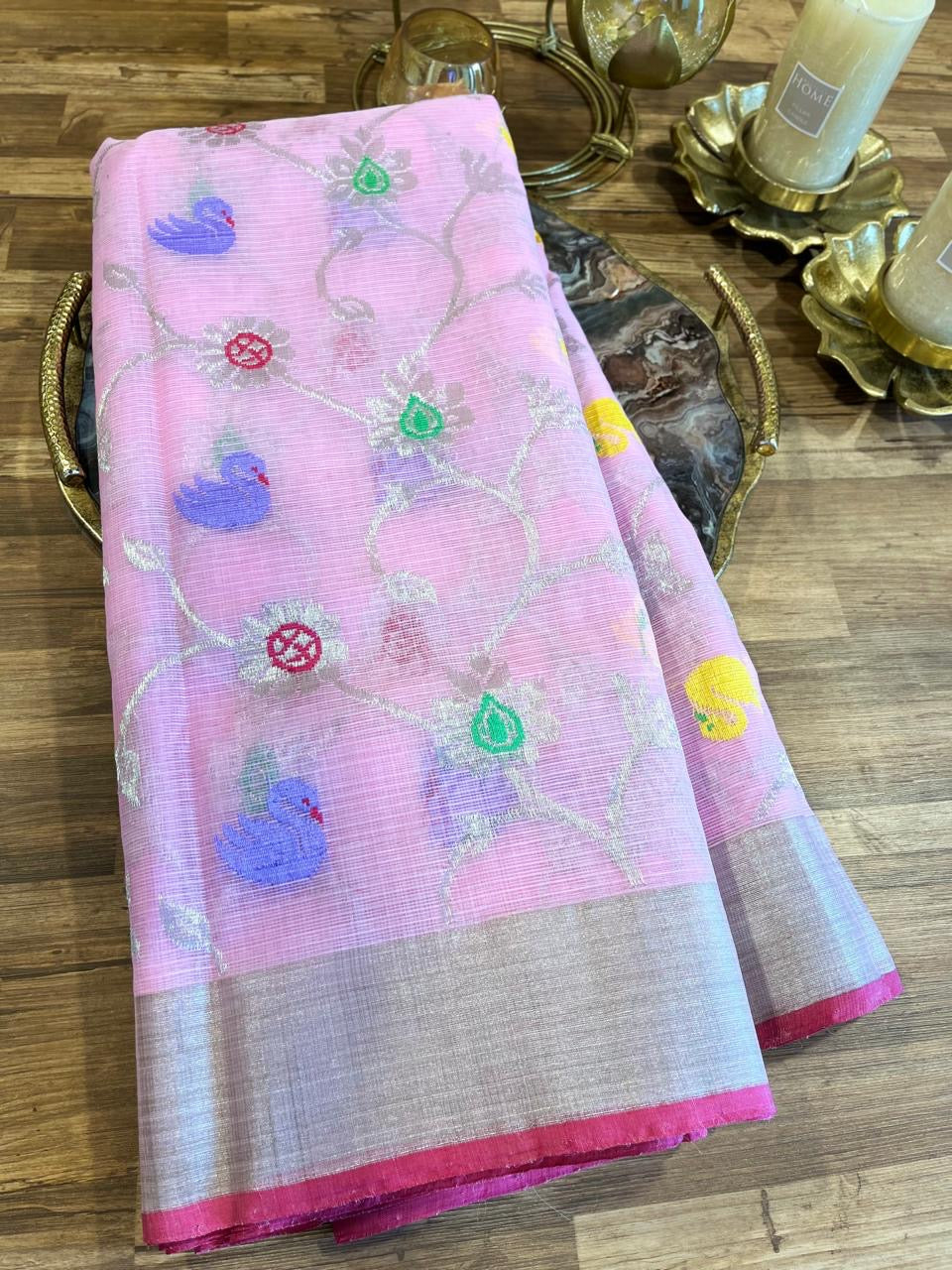 Designer All Over Jaal Pure Zari Kota Saree with Contrast Blouse